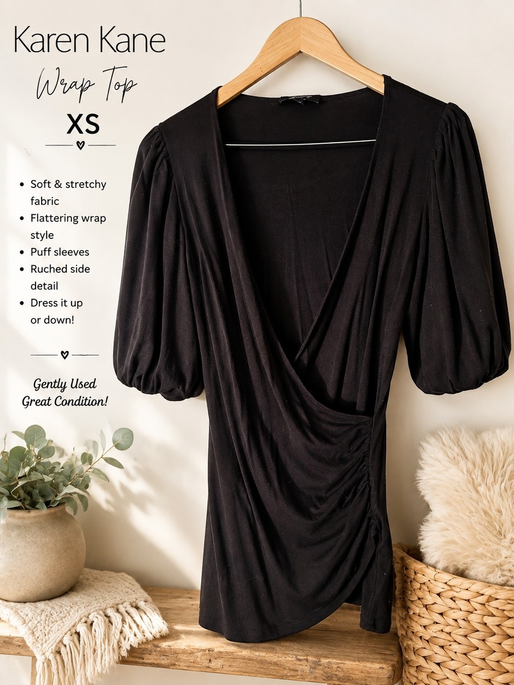 Karen Kane Black V-Neck Wrap Blouse with Puff Sleeves